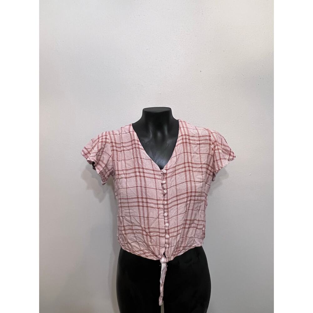 Sim & Sam Crop Top Blouse Ruffle sleeve Tie Front‎ Button Pink Sz M Cottagecore